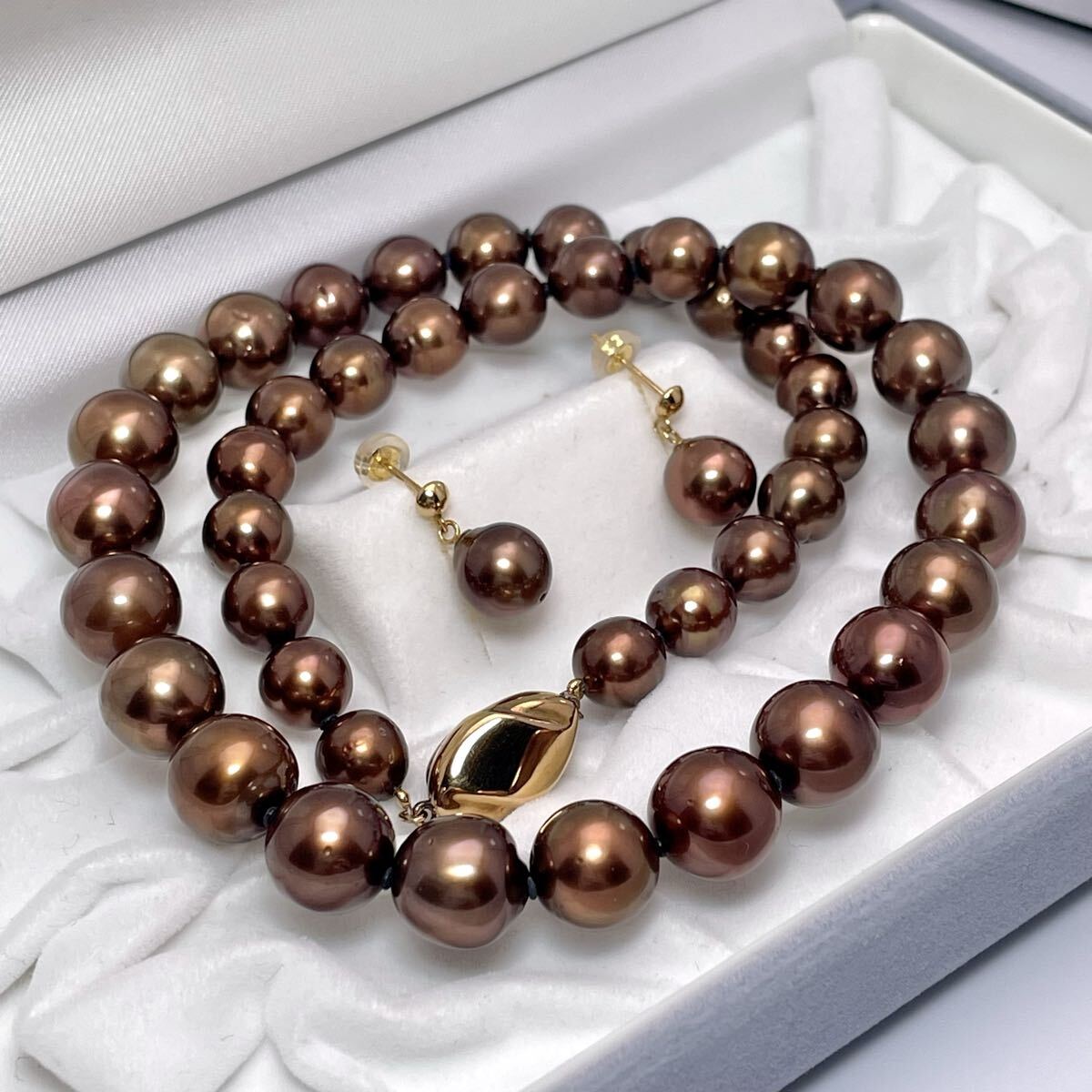 【K18/ショコラパール】最高級◎黒蝶真珠 ネックレス クロチョウ ピアス 8mm-10.9mm 59g 45.5cm 真珠科学研究所 鑑別書 クリーニング◎ 2点拍卖