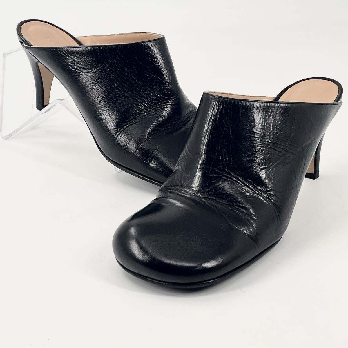 【美品】Bottega Veneta/ヴォッテガヴェネタ スクエアトゥ ミュール ヒール サンダル レザー 本革 38.5/24.5cm相当 ブラック 靴 シューズ拍卖