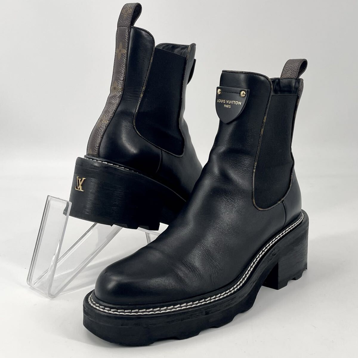 【LVロゴ】LOUIS VUITTON/ルイヴィトン ボブールライン レザー モノグラム アンクルブーツ サイドゴア ブラック M11484 ショートブーツ 38拍卖