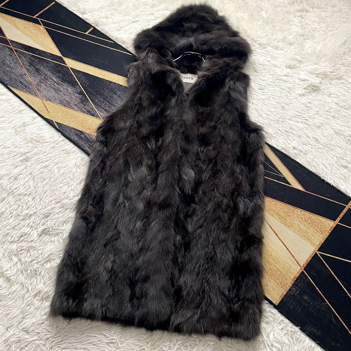 着丈85/ロシアンセーブル/sable 近年人気モデル セミロング ジレ/ベスト/フード ファーコート 軽量 毛皮 L 毛並み◎なめし柔らか◎ VIOLETA拍卖
