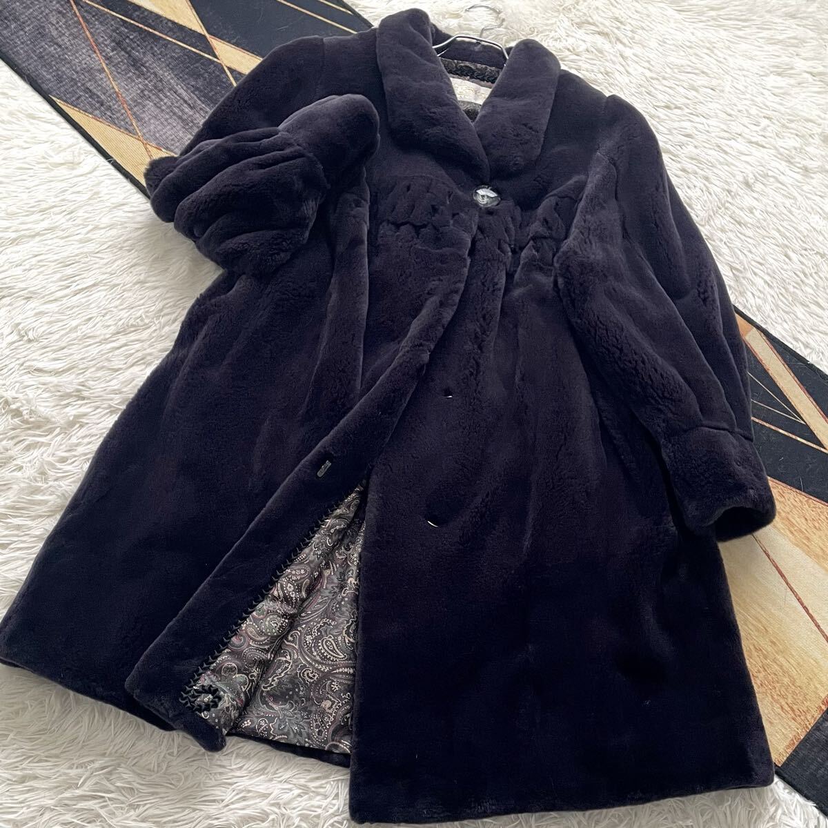 裏地総柄デザイン ROYAL/ロイヤル SAGA MINK/サガミンク ロング ファーコート リアルファー 毛皮 L 貂 なめし柔らか◎ アウター 深紫系◎拍卖