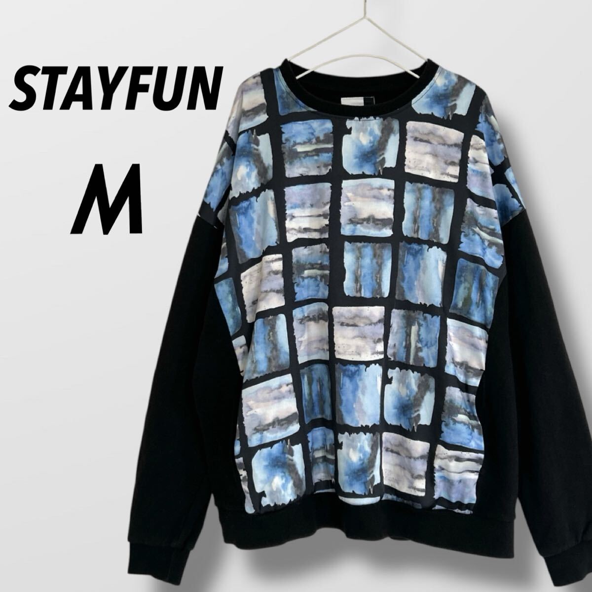 STAYFUN ステイファン メンズ レディース スウェット M ゆったり トレーナー アートグラフィック ユニセックス ブルー×ブラック (J038)★拍卖