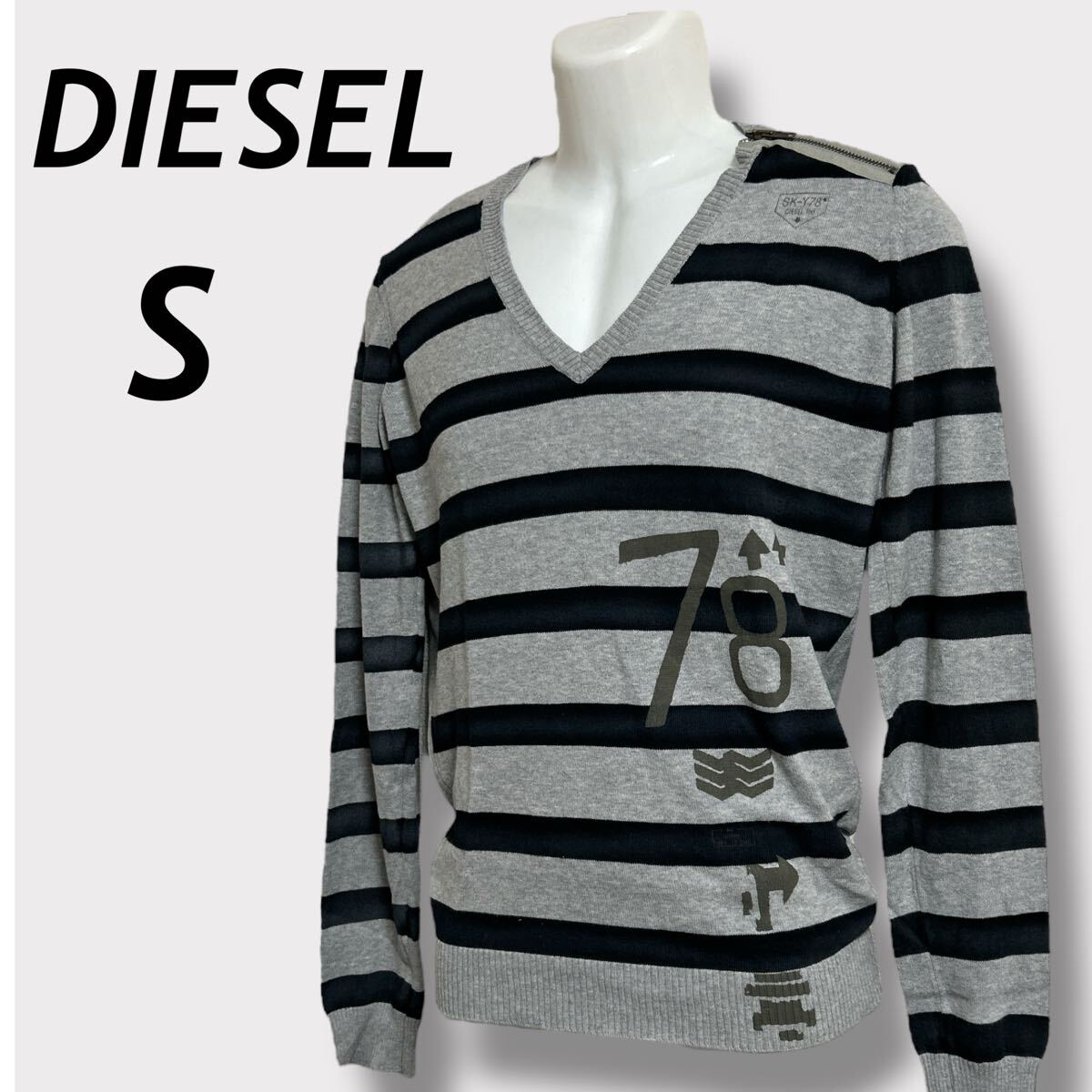 DIESEL ディーゼル メンズ 長袖ニットカットソー S 綿 ボーダー Vネック RN 93243 CA 25594 グレー×ブラック (A7)★拍卖