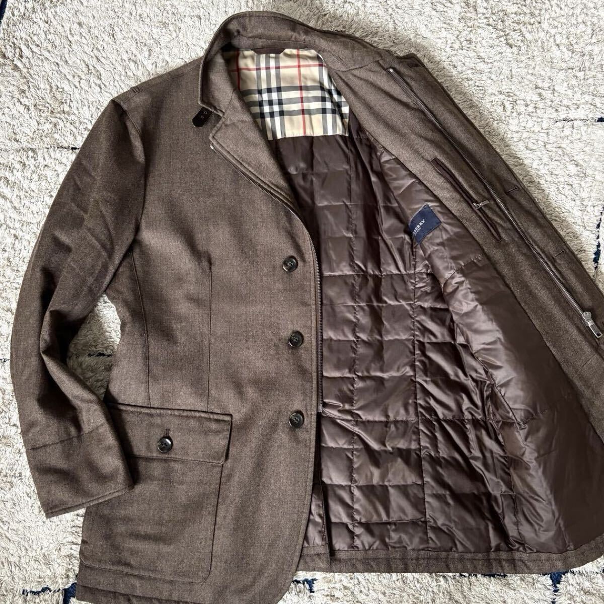 美品◆希少!LLサイズ!!BURBERRY LONDON バーバリーロンドン ダウンコート ダウンジャケット カシミヤ ウール ジップ 牛革 キルティング拍卖