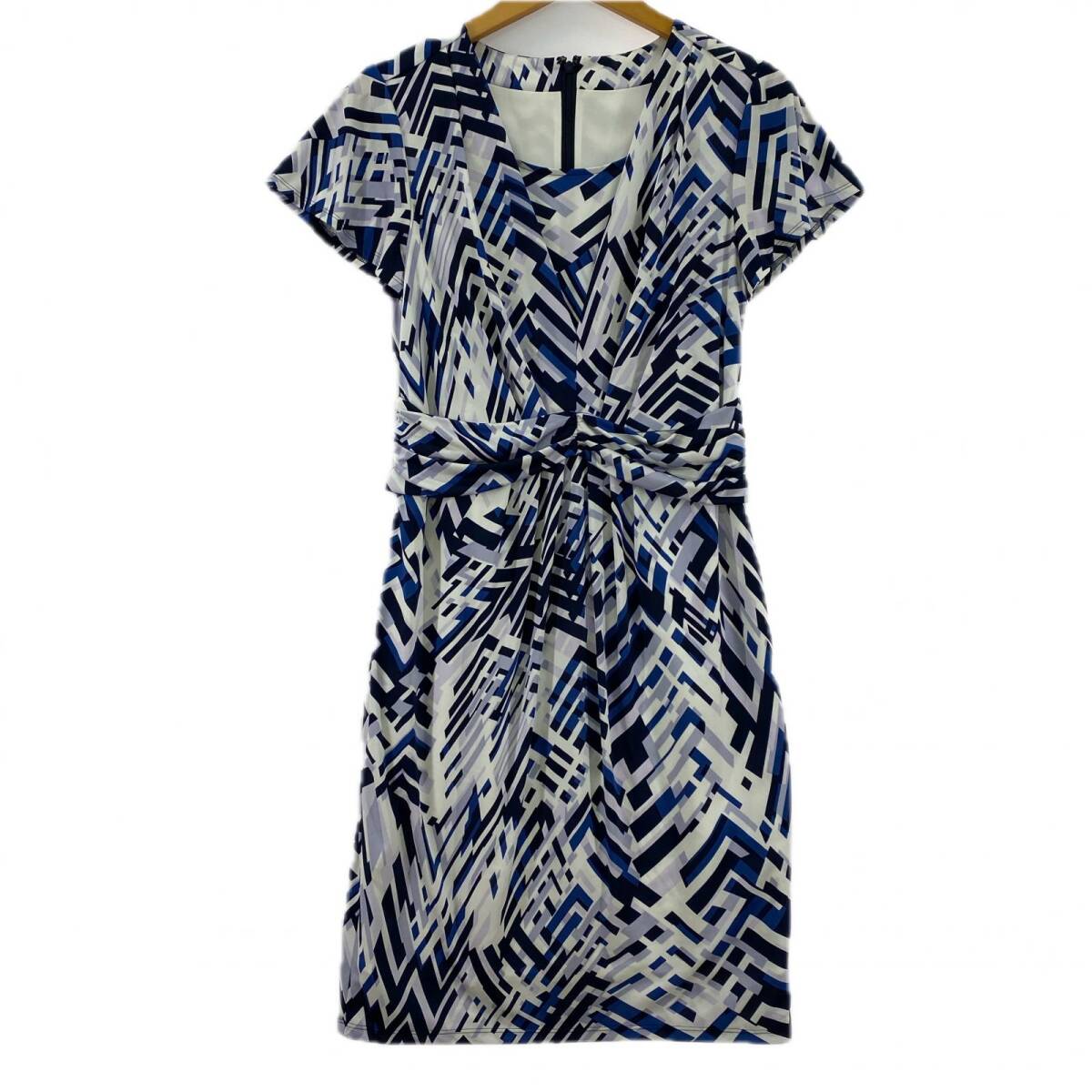 COUP DE CHANCE クードシャンス 幾何学柄 フレンチスリーブ ワンピース size36/ホワイト×ブルー系 ゆうパケットOK拍卖