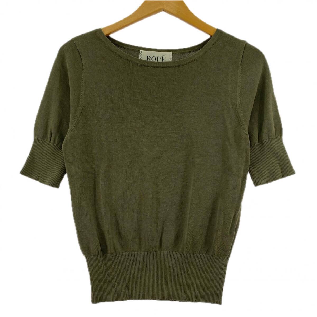 Rope ロペ 5分袖 ボートネック ニット size38/カーキ拍卖