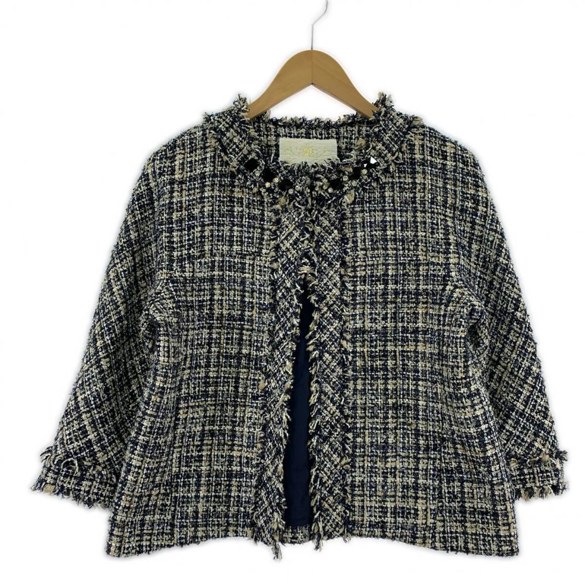 GRACE Class グレース クラス ビジューデザイン ツイード ジャケット size38/ネイビー系拍卖