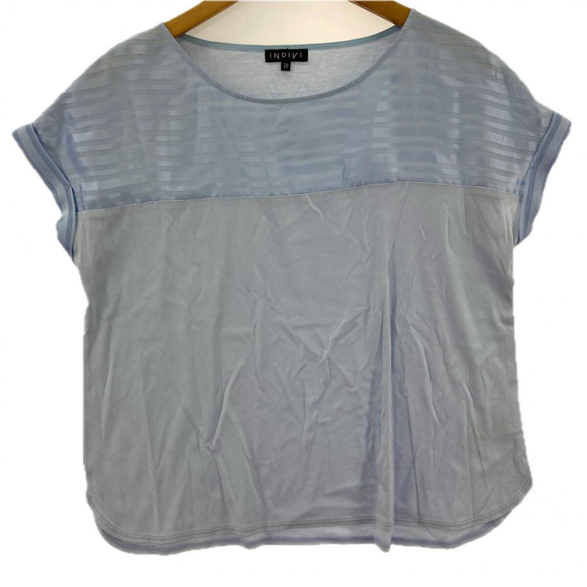 INDIVI インディヴィ 異素材切替 ボートネック カットソー size38/ブルー ゆうパケットOK拍卖