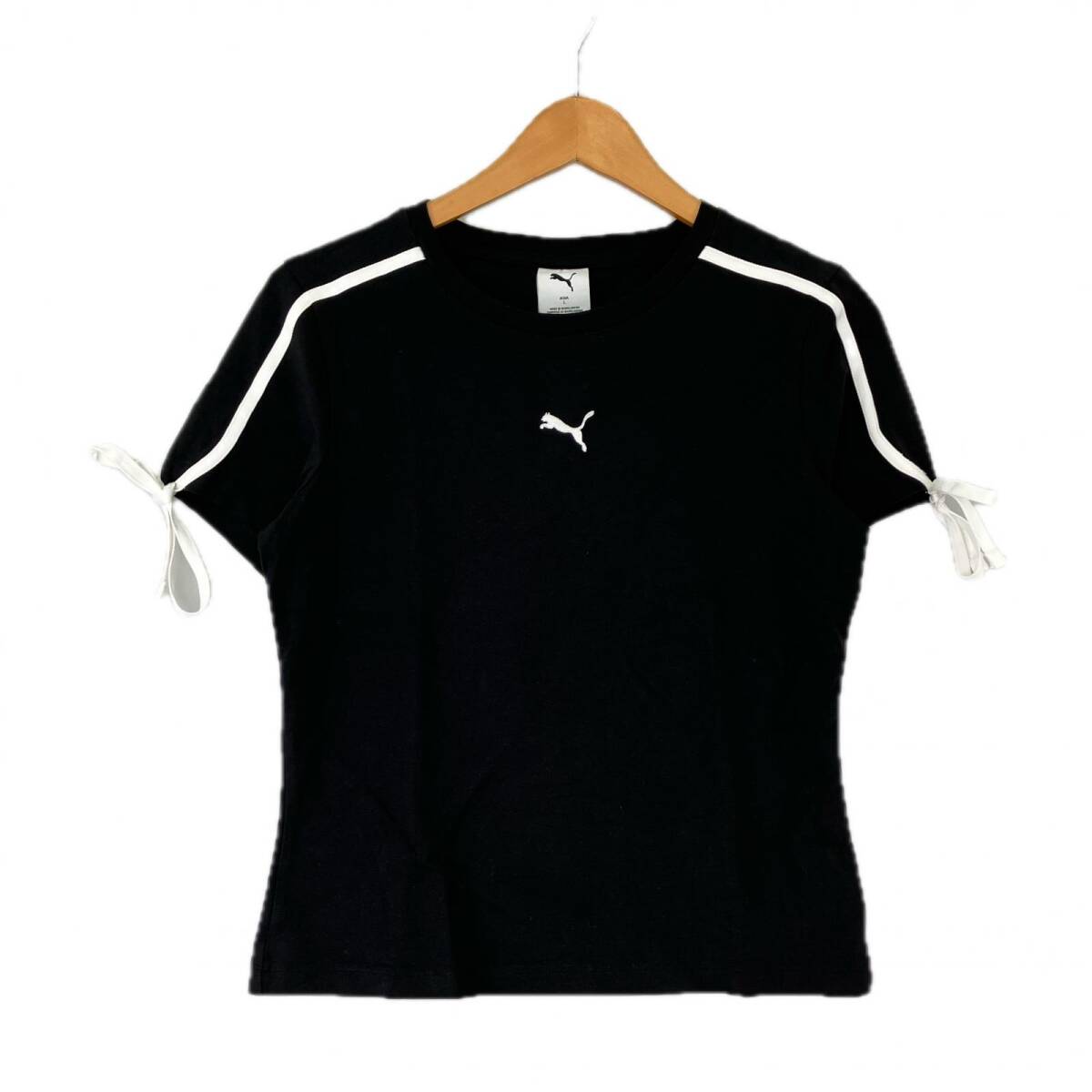 PUMA プーマ リボン ロゴ刺 クロップド 半袖Tシャツ sizeL/ブラック ゆうパケットOK拍卖