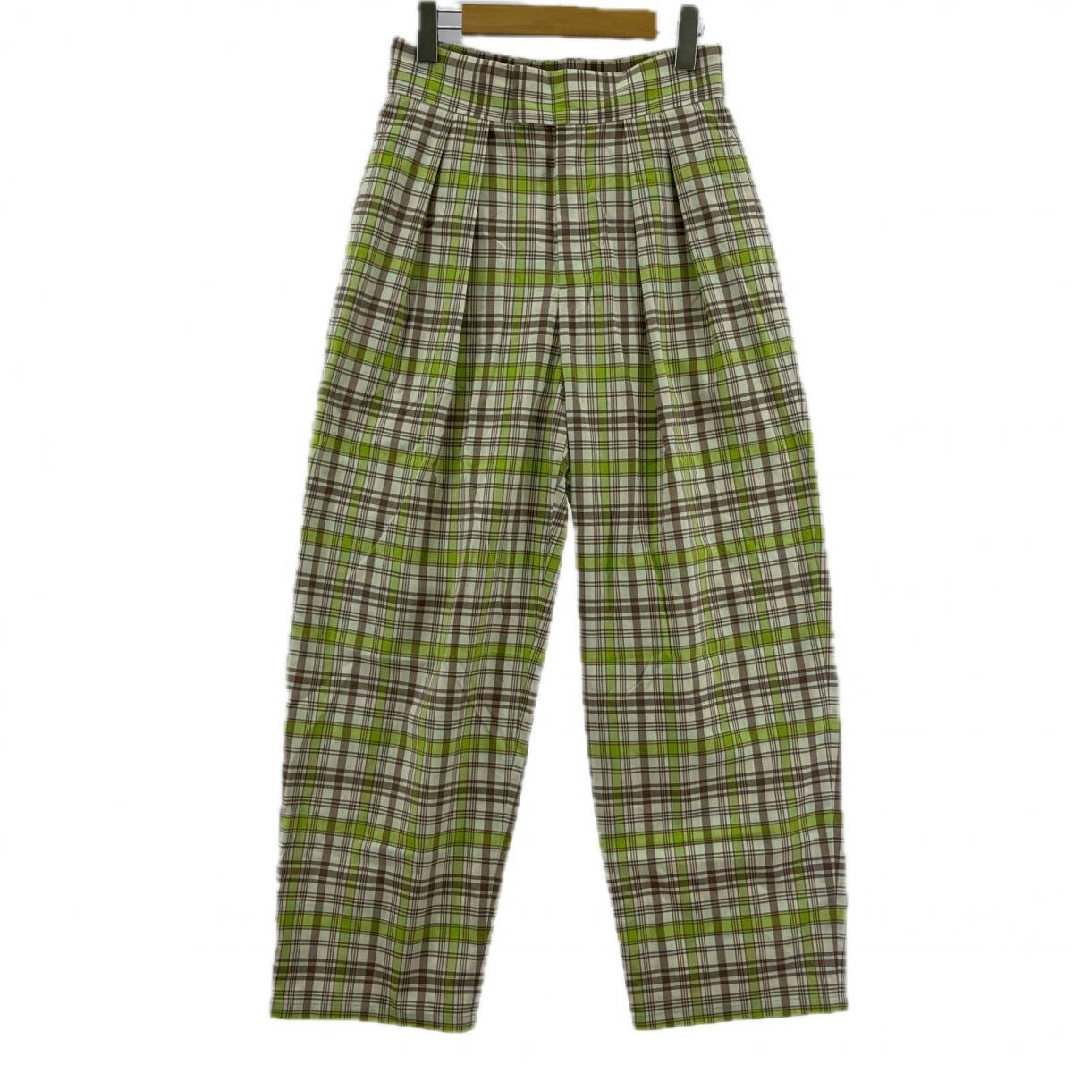 green label relaxing グリーンレーベルリラクシング チェック ツータック ワイド パンツ size38/アイボリー×茶×黄緑 ゆうパケットOK拍卖
