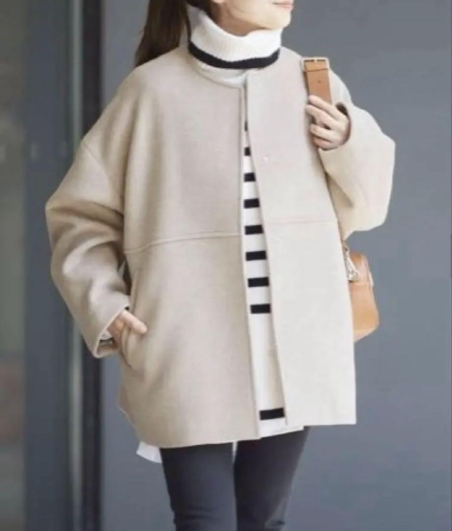 美品 ジャーナルスタンダード スーパー140ビーバーノーカラーショートコート リバーコート ダブルフェイス JOURNAL STANDARD コート 拍卖