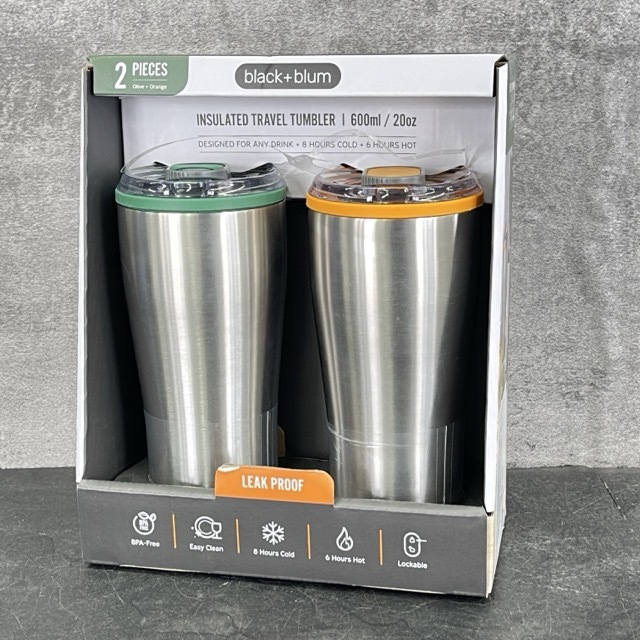 新品 ステンレス製 携帯用魔法瓶 トラベルタンブラー 2本セット 0.6L black+blum/514339拍卖