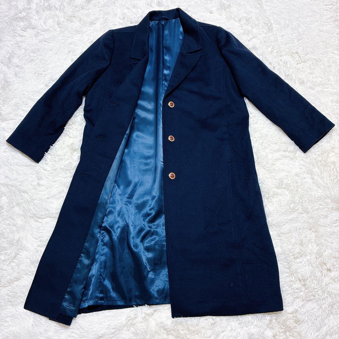 美品 チェスターコート ネイビー ウール カシミヤ 大きいサイズ F 金ボタン拍卖
