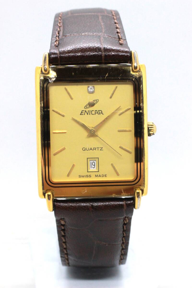 【ENICAR】956.8833M QUARTZ SWISS MADE 30M CASE GOLDPLATED 5MIC 中古品時計 未使用牛革ベルト装着 電池交換済み 25.10.19 拍卖