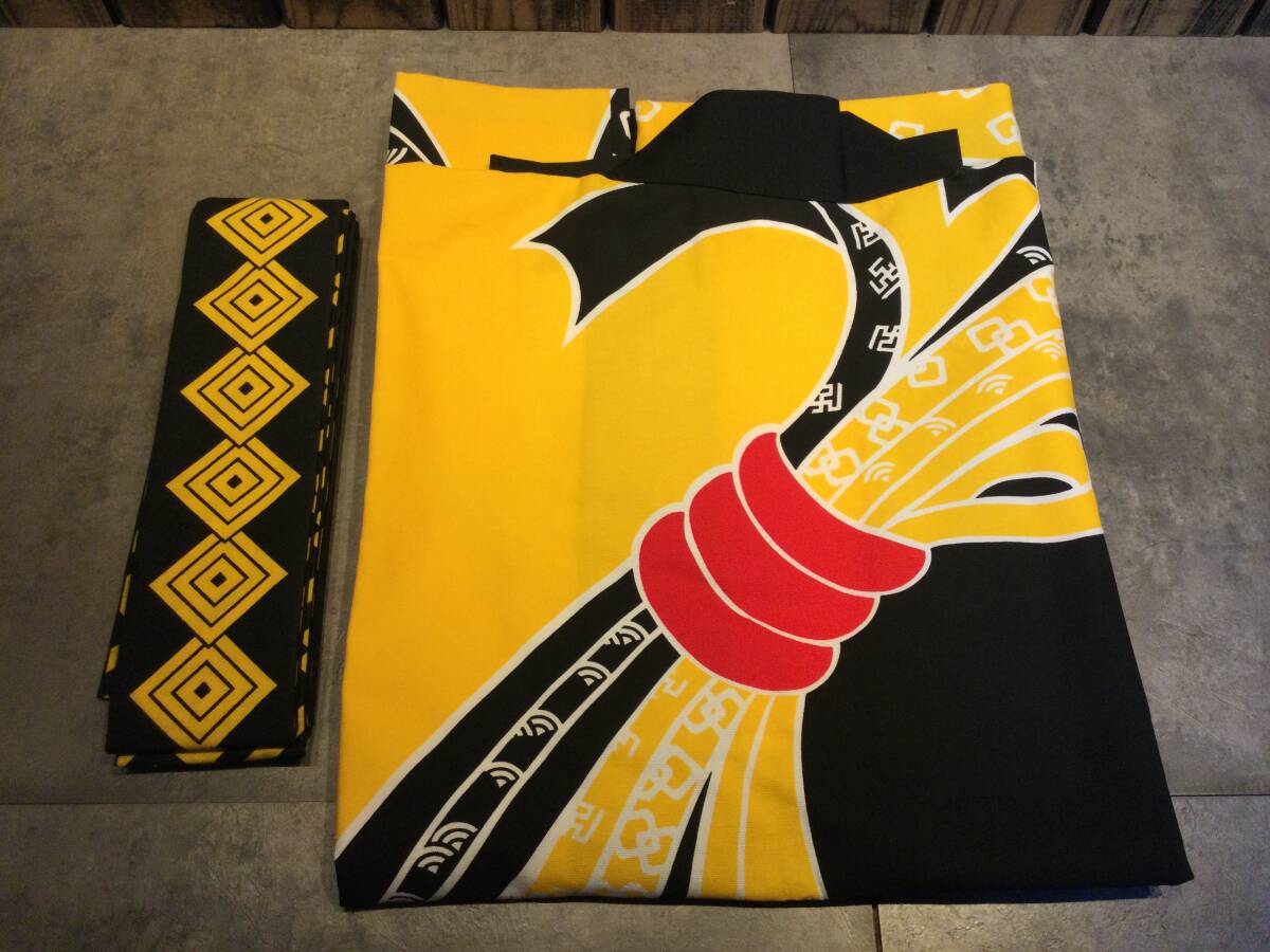 美品 お祭り 帯付き 黄色 束ね熨斗 はっぴ 法被 ハッピ はんてん 袢天 衣装 コスチューム 踊り ダンス 演劇 日本製 拍卖