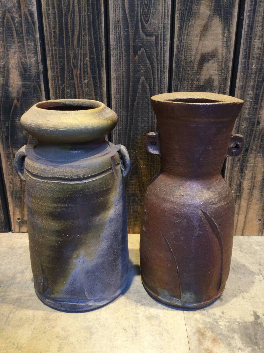保管品 備前焼 花瓶 2点セット 花生け 花入 花器 華道 茶道具 茶道 茶の湯 フラワーベース 美術工芸品 蔵出し 拍卖
