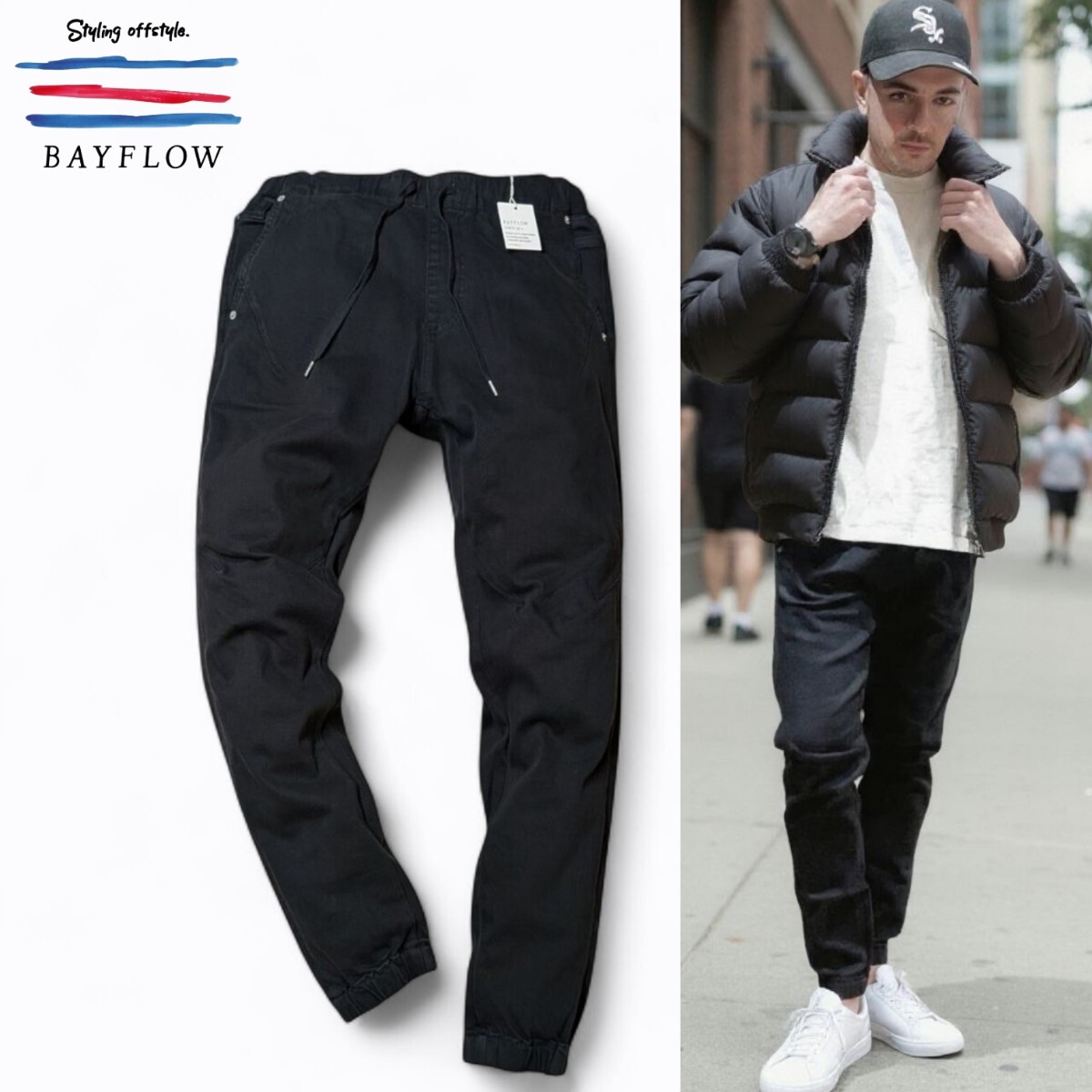 ■新品 BAYFLOW M〜L size3 男らしさを強調するブラックのジョガーパンツ◎!! ハイストレッチ OCEANS掲載ブランド ベイフロー拍卖