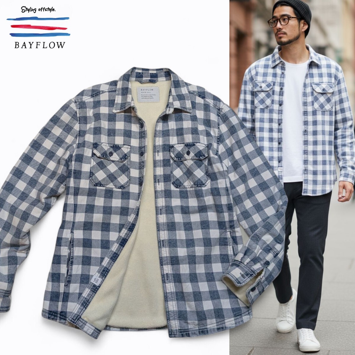 ●良品 BAYFLOW M~L size3 海好きが好むインディゴチェックの裏ボアシャツ◎!! アーバンサーフ 裏ボアジャケット OCEANS掲載 ベイフロー拍卖