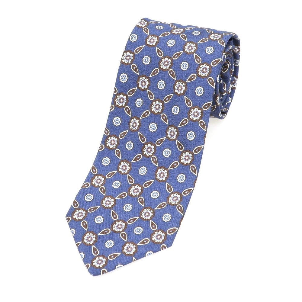 【中古】ルイジ ボレッリ Luigi Borrelli シルク 小紋柄ネクタイ ダルブルーxブラウンCPD拍卖