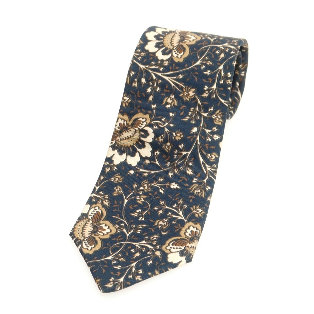 【中古】ルイジ ボレッリ Luigi Borrelli シルク ボタニカル柄ネクタイ ダークネイビーxベージュ拍卖