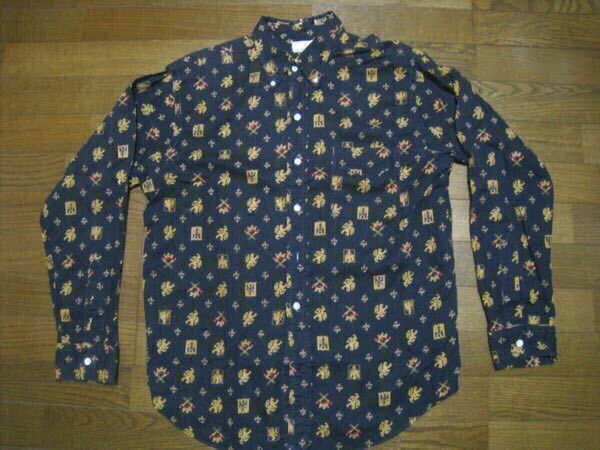 60S 60年代 ヴィンテージ ビンテージ ボタンダウン 長袖 オールプリント 黒 ブラック 紋章柄 総柄 全面 シャドー オンブレ 50s 50年代拍卖
