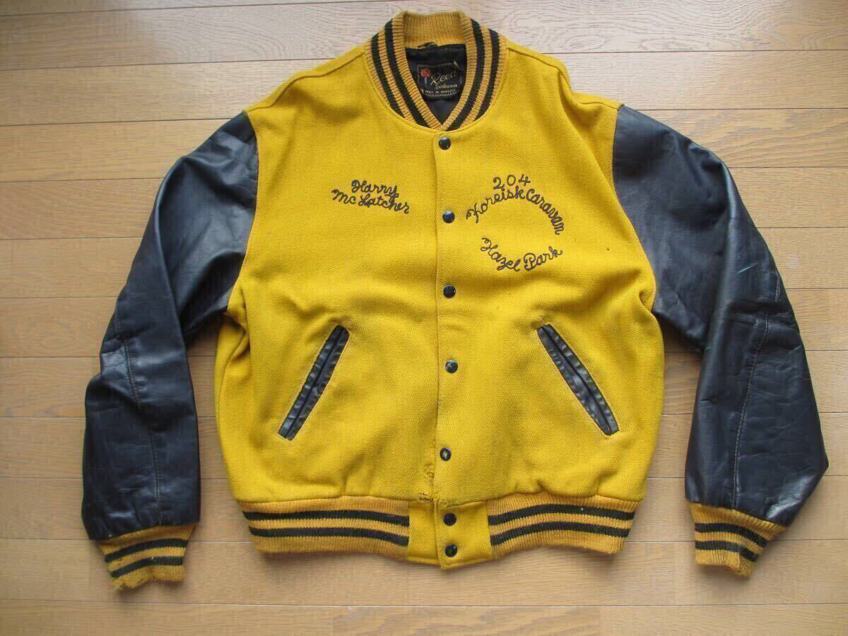 60S 60年代 ヴィンテージ ビンテージ ベースボール スタジャン チェーンステッチ ワッペン ウール レザー 黒 からし 50S 50年代 スカジャン拍卖