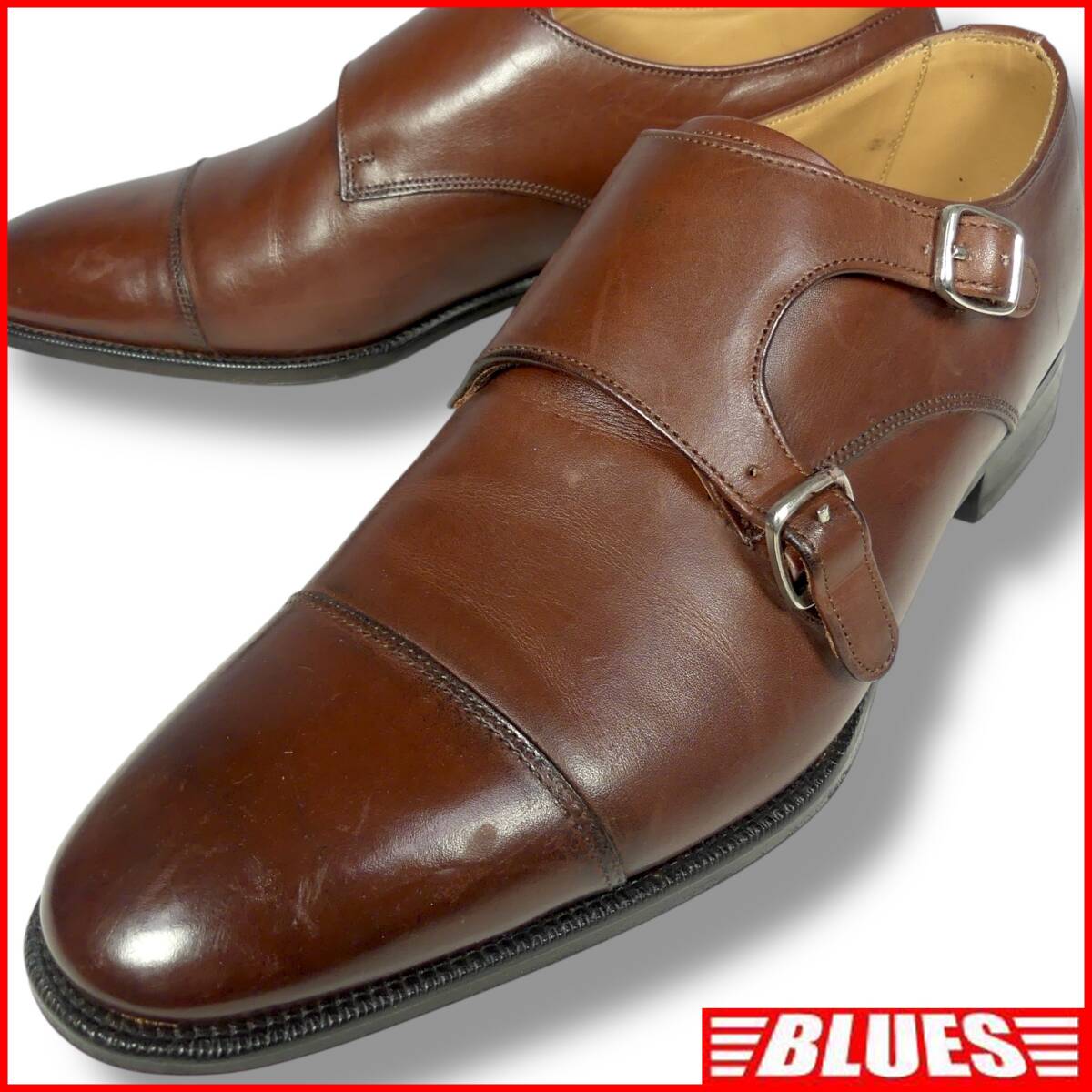 即決★J.A.Ramis MEERMIN★26cm レザービジネスシューズ モンクストラップ メルミン インド製 メンズ 7.5 本革 茶 ストレートチップ拍卖