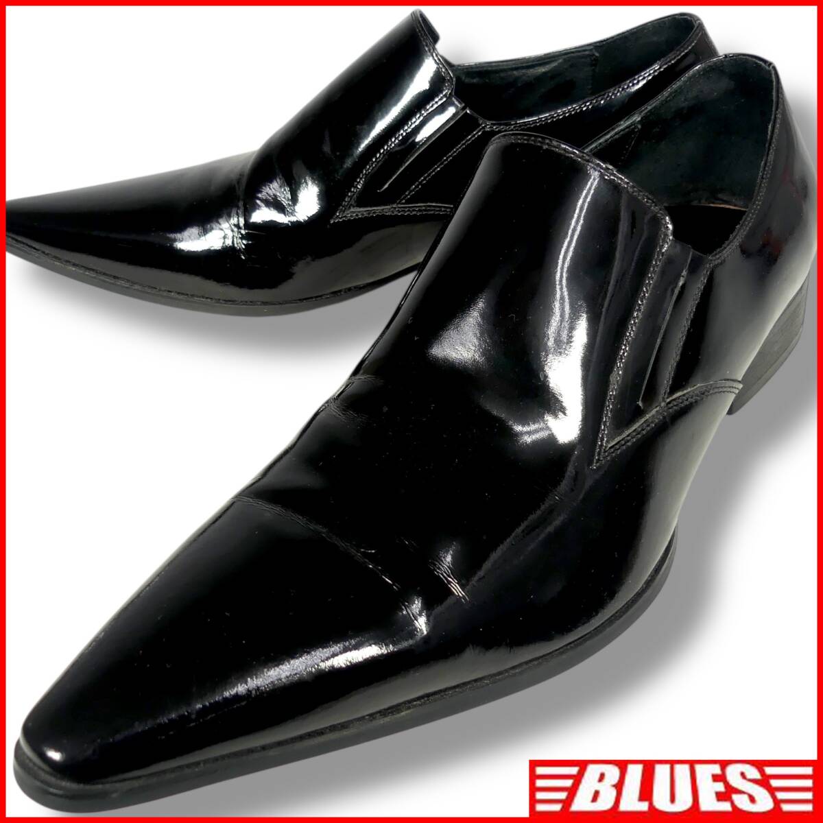 即決★LUCIUS★25.5cm ローファー ルシウス メンズ 黒 レザー エナメル 本革 ビジネスシューズ 本皮 スリッポン 革靴 ポインテッドトゥ拍卖