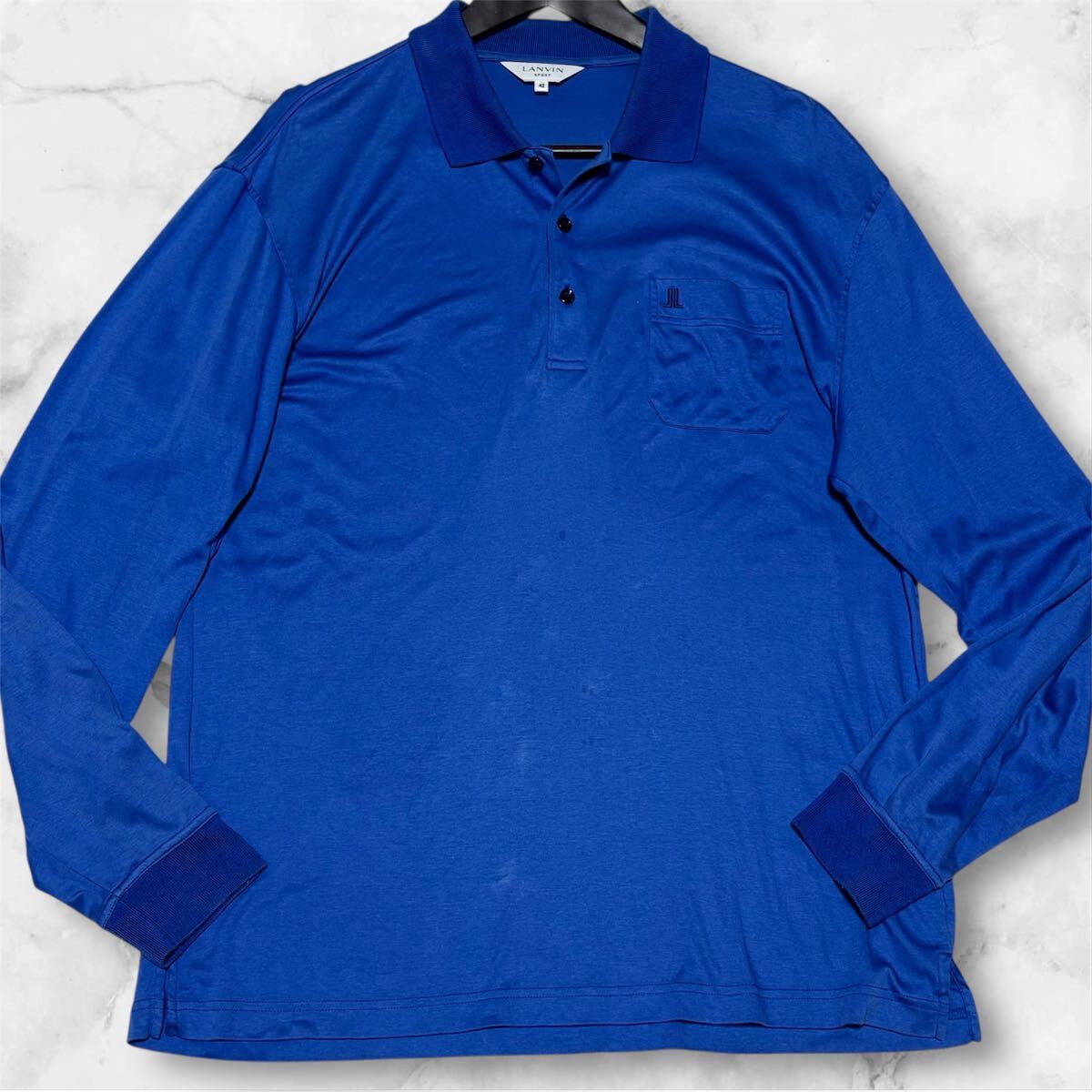 希少42/XXL相当◎ランバン LANVIN SPORT 長袖 ポロシャツ トップス 刺繍ロゴ コットン ゴルフ ストレッチ ブルー 青 メンズ拍卖