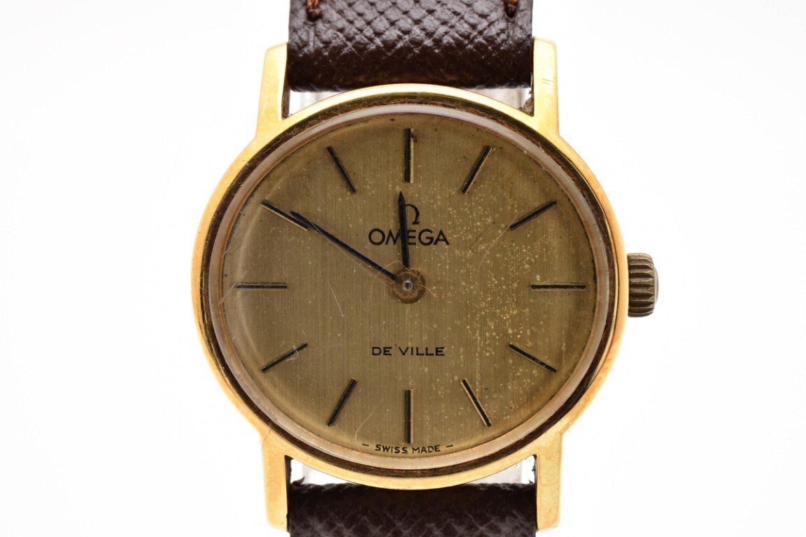 稼働品 オメガ デビル 手巻き ゴールド バーインデックス 2針 レザー レディース 腕時計 OMEGA DE VILLE拍卖