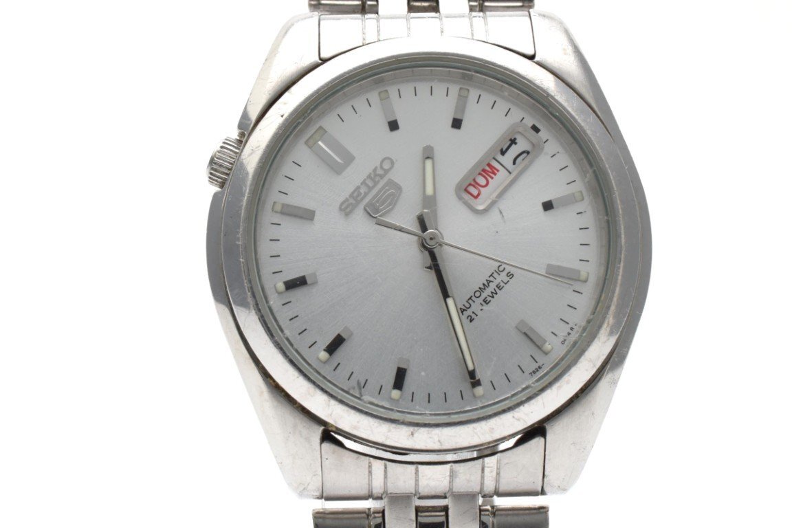 稼働品 SEIKO 5 AUTOMATIC セイコー ファイブ 自動巻き 腕時計 メンズ 3針 デイデイト シルバー 7S26-01V0拍卖