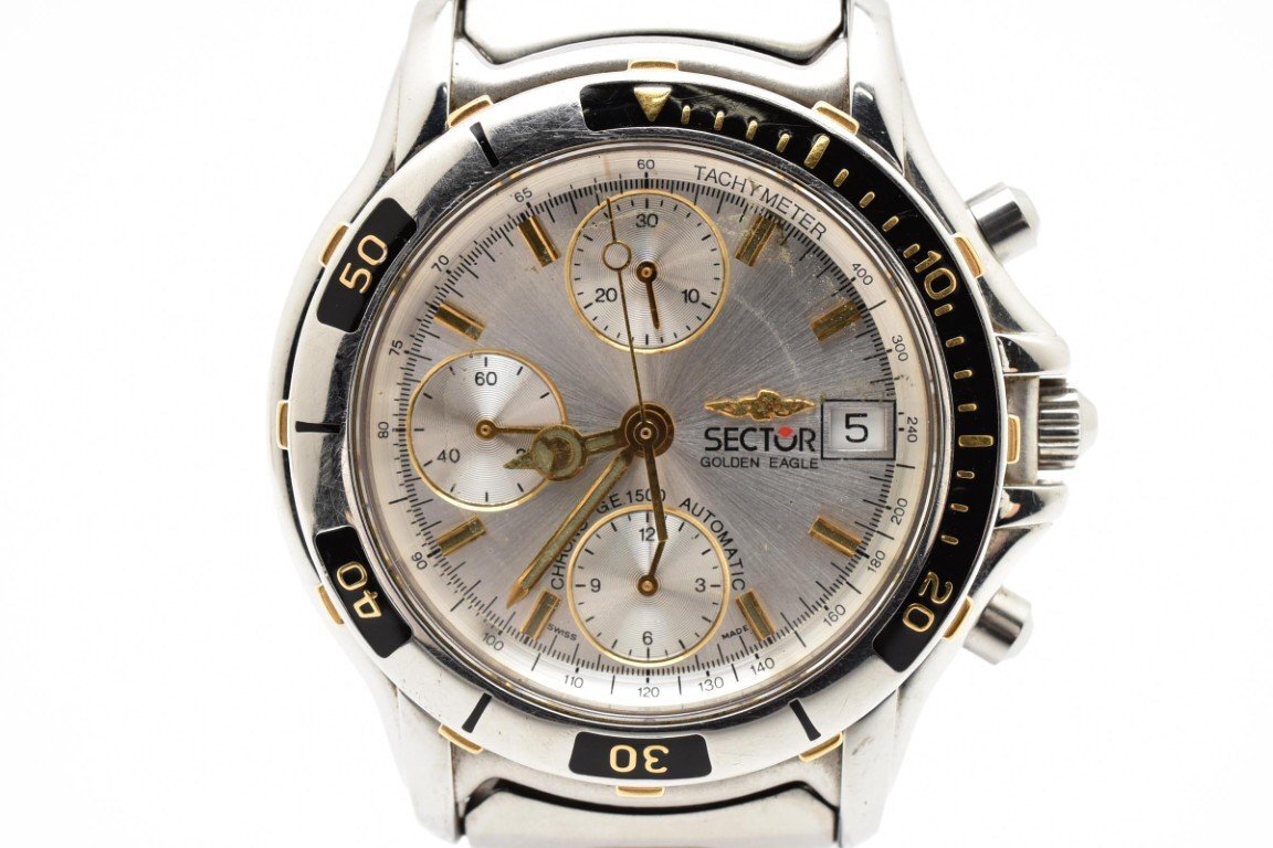 S稼働品 ECTOR セクター 円形 ラウンド 銀 シルバー Silver メンズ 腕時計 クロノグラフ 3針 デイト 銀文字盤 自動巻き拍卖
