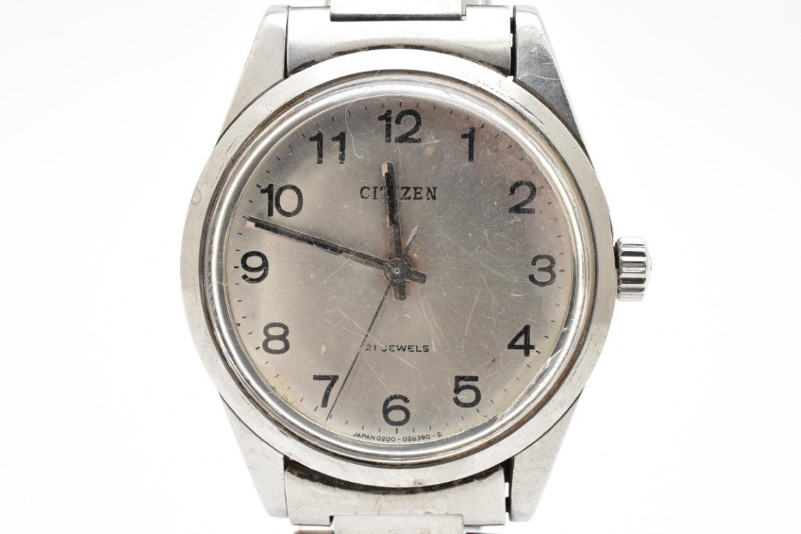 稼働品 CITIZEN シチズン 4-020618Y 円形 ラウンド 銀 シルバー Silver メンズ 腕時計 3針 銀文字盤 手巻き 21JEWELS拍卖