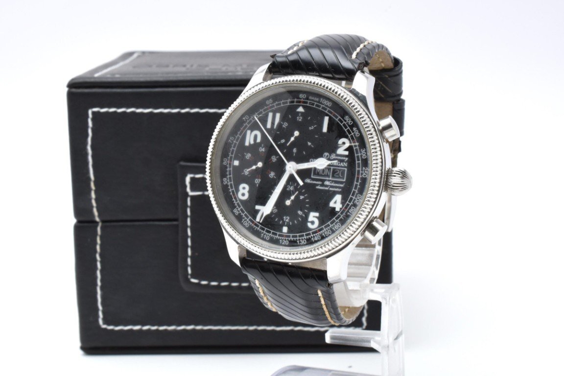 OBRIS MOEGAN オブリスモーガン 腕時計 メンズ ブラック文字盤 自動巻き シルバー クロノグラフ デイデイト 3針 箱付き拍卖