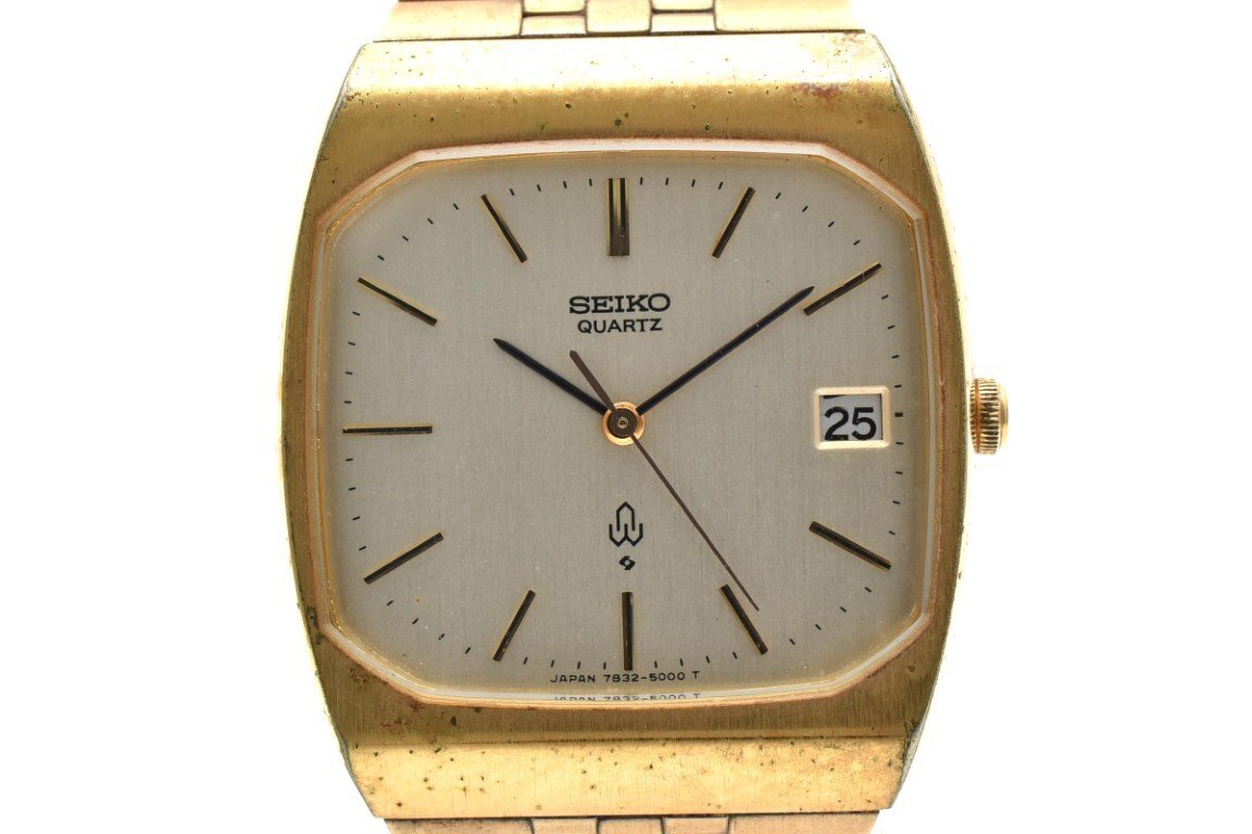 セイコー クォーツ 7832-5000 スクエア ゴールド 3針 デイト SGP ステンレス ヴィンテージ QUARTZ メンズ 腕時計 SEIKO拍卖