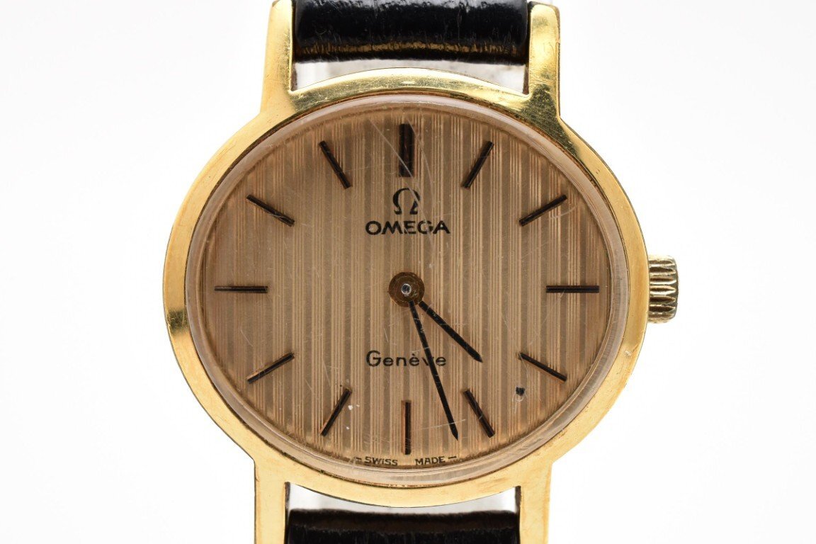 稼働品 オメガ ジュネーブ 手巻き ゴールド 2針 レザー ブラック レディース 腕時計 OMEGA GENEVE拍卖