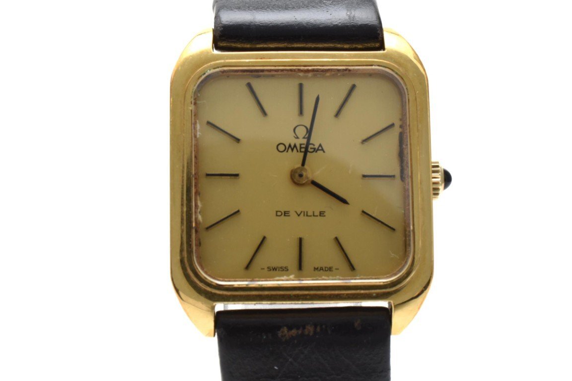稼働品 オメガ デビル 手巻き スクエア ゴールド 2針 レザー ボーイズ 腕時計 OMEGA DE VILLE拍卖