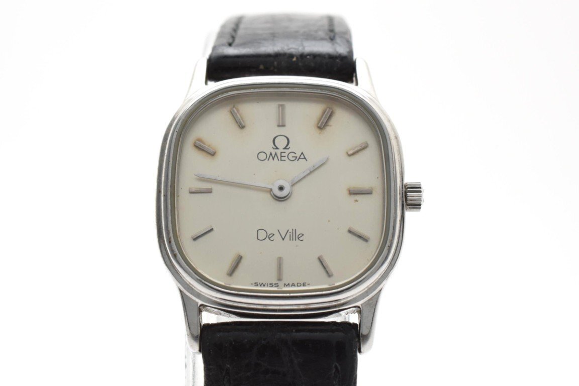 OMEGA オメガ DE VILLE デビル 1450 ゴールド スクワークル 銀文字盤 レザーベルト 2針 レディース クォーツ 腕時計拍卖