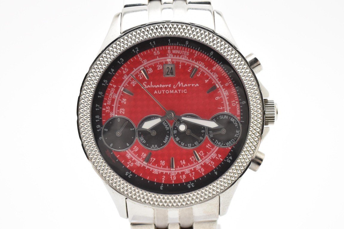 稼働品 SalvatoreMarra サルバトーレマーラ SM-10112 シルバー 赤文字盤 クロノグラフ 3針 デイト メンズ 腕時計 自動巻き拍卖