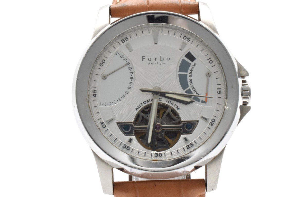 稼働品 Furbo design フルボデザイン 腕時計 メンズ 自動巻き 茶ベルト シルバー オートマチック アナログ スケルトン拍卖
