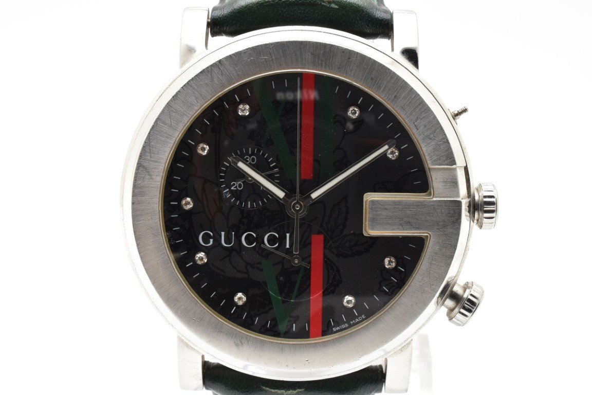 グッチ Gタイムレス 石付き 101M ラウンド シルバー クロノグラフ スモセコ クォーツ メンズ 腕時計 GUCCI拍卖