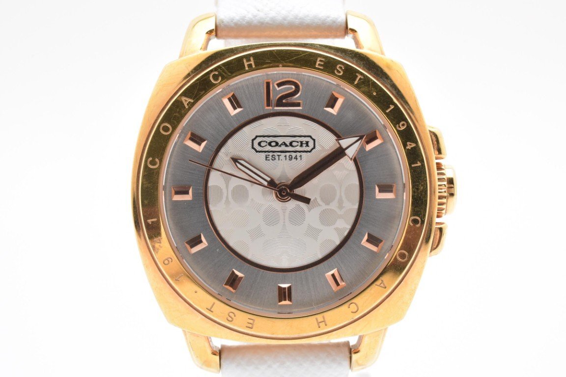 コーチ CA.64.7.34.0608 ラウンド ゴールド ミニシグネチャー 3針 SS レザー ホワイト クォーツ QUARTZ レディース 腕時計 COACH拍卖