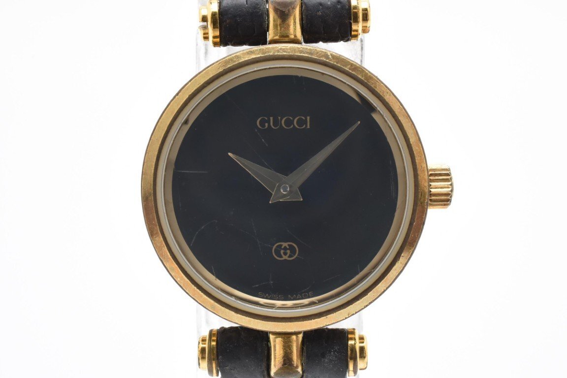 グッチ シェリーライン ラウンド ゴールド ブラック 2針 レザー クォーツ QUARTZ レディース 腕時計 GUCCI拍卖