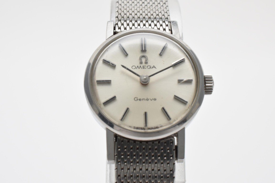 稼働品 オメガ ジュネーブ 手巻き シルバー バーインデックス 2針 ステンレス ヴィンテージ レディース 腕時計 OMEGA GENEVE拍卖