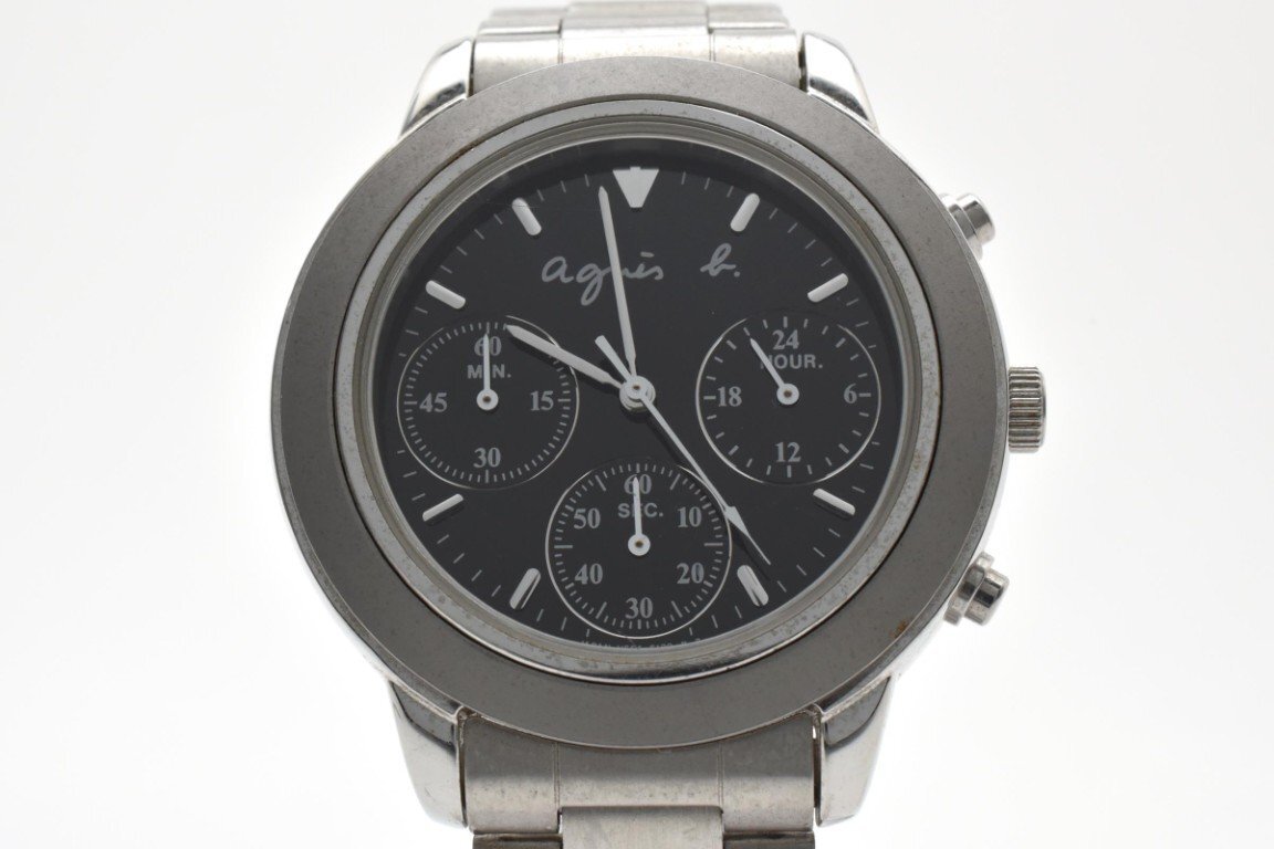 agnes b アニエスベー 腕時計 メンズ クォーツ式 シルバー ブラック文字盤 クロノグラフ 3針 V654-6100拍卖