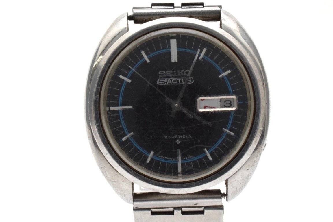 SEIKO 5 ACTUS SS セイコー アクタス 自動巻き ラウンド 腕時計 3針 メンズ デイデイト ブラック シルバー 1D5873拍卖