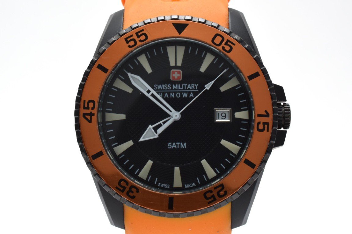 スイスミリタリー HANOWA ラウンド オレンジ ブラック デイト クォーツ メンズ 腕時計 SWISSMILITARY拍卖