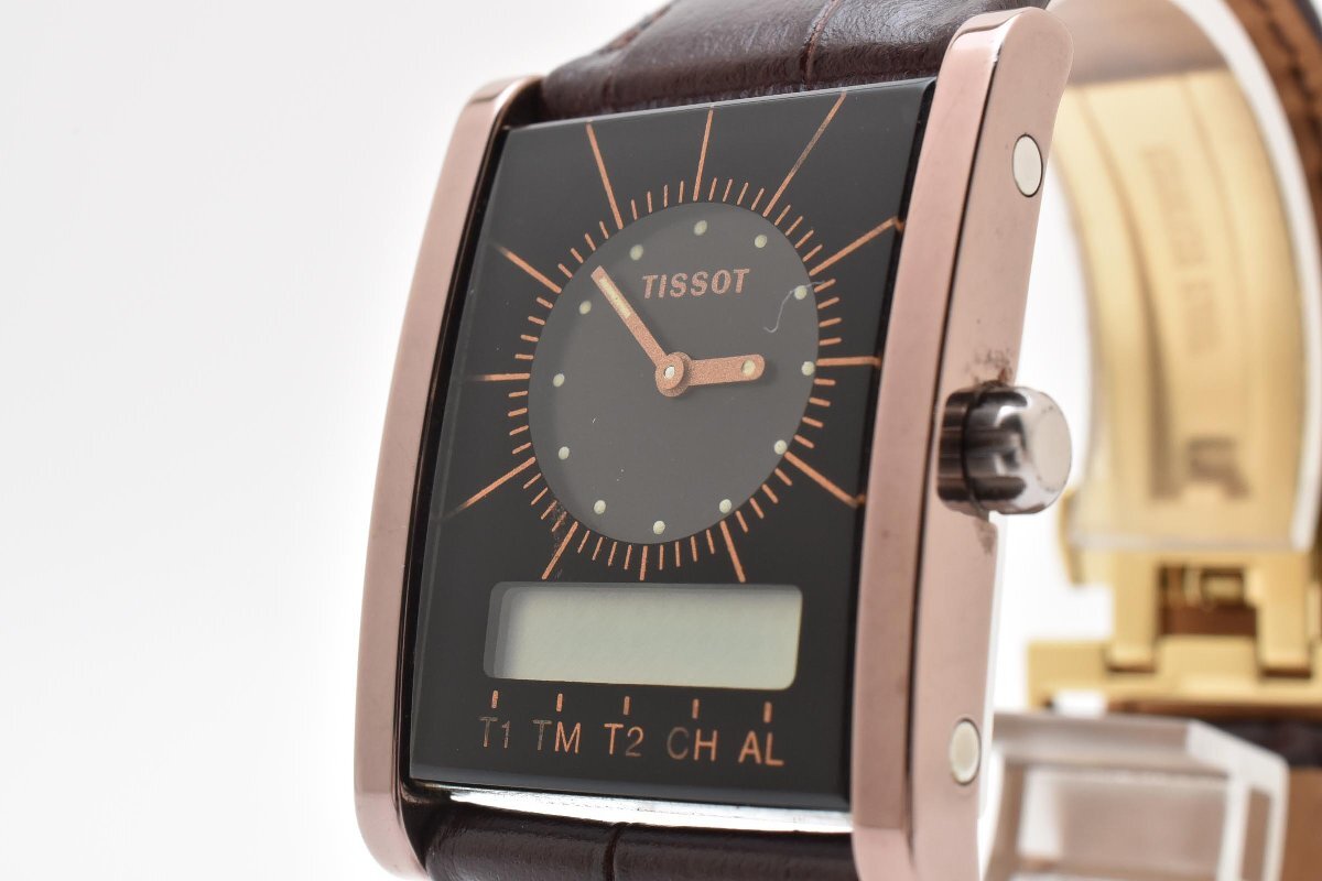 TISSOT ティソ 腕時計 メンズ クォーツ式 スクエア型 茶ベルト アナデジ 2針 ブラック文字盤 ステンレススチール拍卖