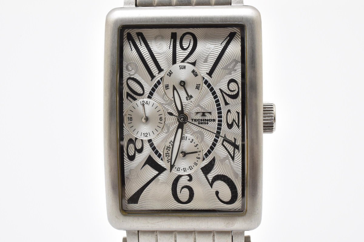 TECHNOS QUARTZ テクノス クォーツ スクエア レクタングル 腕時計 メンズ 3針 クロノグラフ シルバー TGM633拍卖