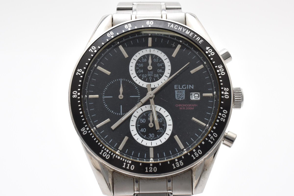 ELGIN CHRONOGRAPH QUARTZ エルジン クロノグラフ クォーツ ラウンド 腕時計 メンズ 3針 デイト ブラック シルバー FK-1295拍卖